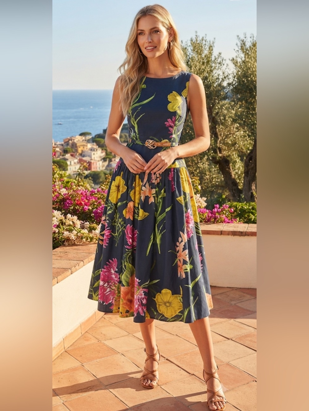New Karl Lagerfeld Navy Floral Sleeveless Fit-and-Flare Dress size 10 - Picture 6 of 16